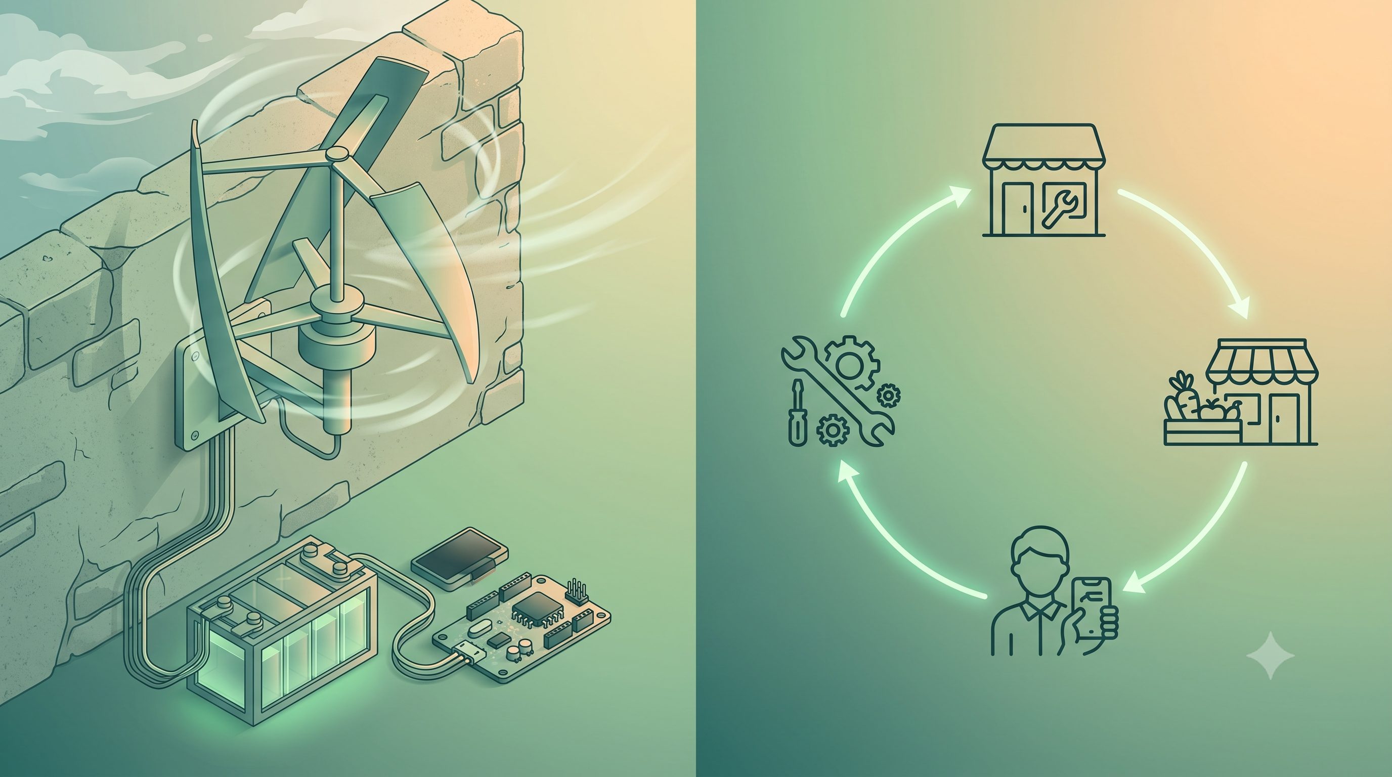 Concept illustration: a wall-mounted wind turbine feeding a Ni-Fe battery bank and microcontroller on the left, and a circular loop connecting a repair shop, a grocer, and a community member on the right.